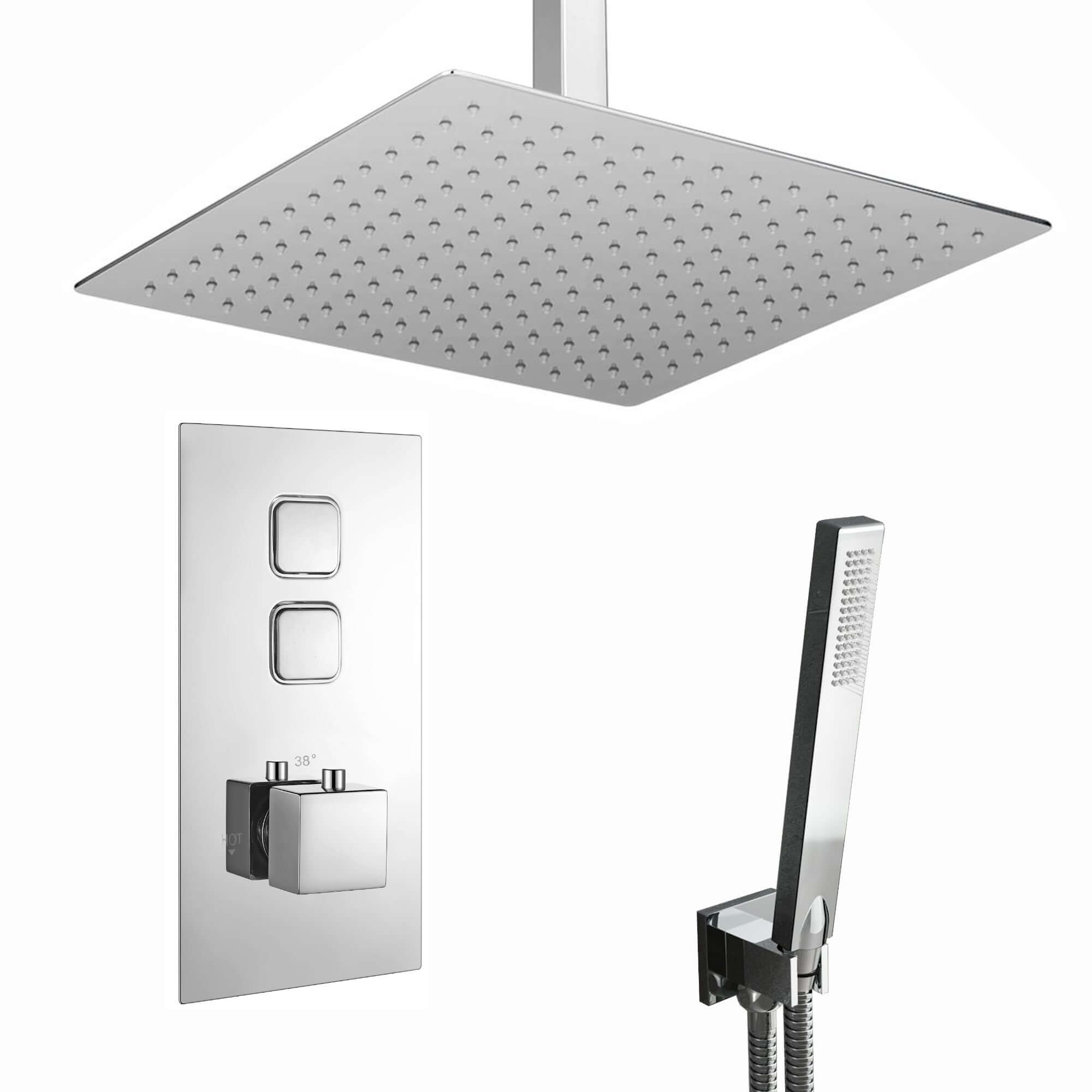Milan Square Thermostatic Concealed Shower Set with Ceiling Mounted Shower & Handset Kit - Chrome - Showers